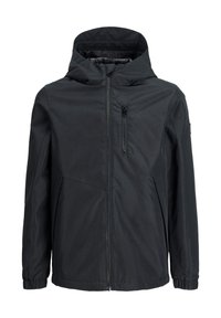 Czarna kurtka z kapturem, z zamkiem błyskawicznym z przodu, kieszenią na zamek błyskawiczny na piersi oraz elastycznymi mankietami, przedstawiona na białym tle.