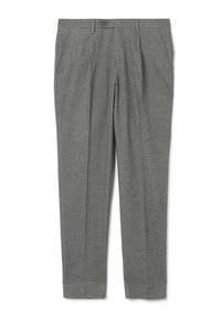 Pantaloni grigi realizzati in tessuto strutturato, con design a gamba dritta, tasche frontali e chiusura con bottone in vita.