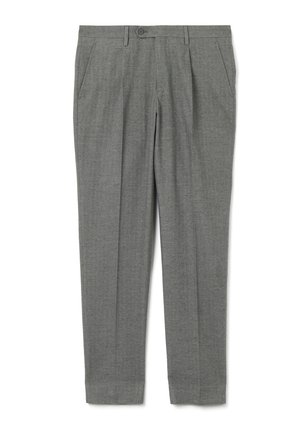 Graue Hose aus strukturiertem Stoff mit geradem Bein, Fronttaschen und Knopfverschluss am Bund.