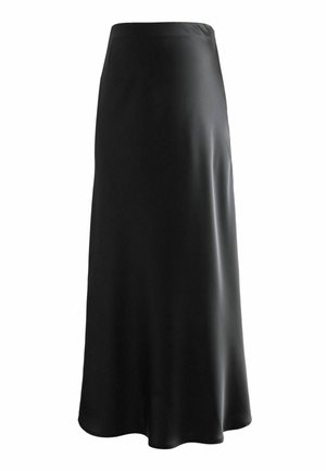 Sorte satin maxi nederdel med en glat tekstur, let udvidet design og høj talje, med en ensfarvet farve uden mønstre eller detaljer.