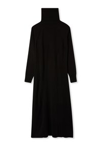 Abito a maglia nero con colletto alto, maniche lunghe e design aderente, che si estende fino a metà polpaccio. Texture liscia, dettagli minimi.