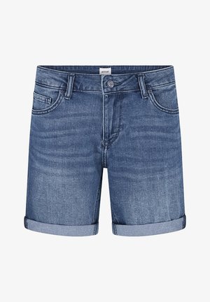 Denim shorts in medium blauw met opgerolde broekspijpen, voorzien van een knoopsluiting en een vijf-pocket ontwerp, gemaakt van een katoenmix.