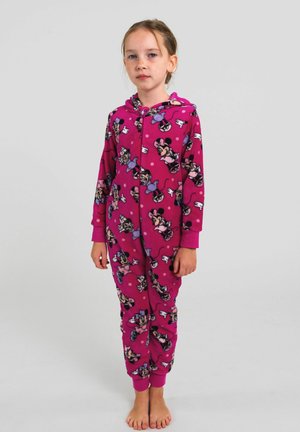 Tutina in pile rosa con un motivo a cartoni animati caratterizzato da personaggi con fiocchi, chiusura con zip intera e polsini alle maniche e alle caviglie.