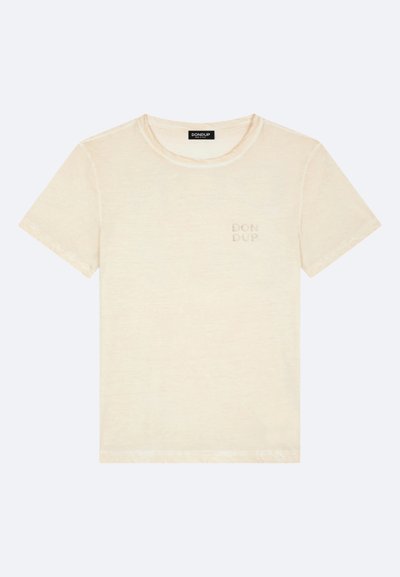 T-shirt a girocollo beige chiaro realizzato in morbido tessuto, con un sottile logo ricamato "DON DUP" sul lato sinistro del petto, maniche corte.