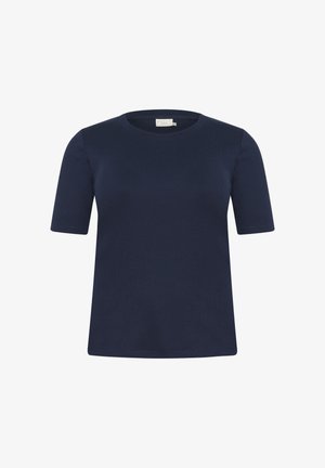 Mornarsko modra majica s kratkimi rokavi okroglega ovratnika, narejena iz gladkega blaga. Enostavna zasnova brez vidnih vzorcev ali akcentov.