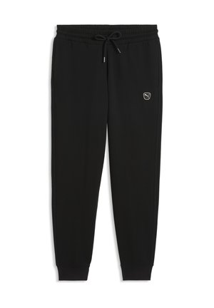 Sorte joggingbukser med elastisk talje, snøre, manchetter ved anklerne og lille Puma-logo på øvre venstre lår.