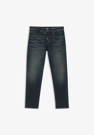 Jeans slim fit blu scuro con lieve scoloritura sulle cosce, tasche frontali e chiusura con bottone e zip in vita.