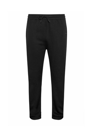 Pantalon jogger noir décontracté avec ceinture élastique, cordon de serrage, poches latérales et bas ajustés aux chevilles.