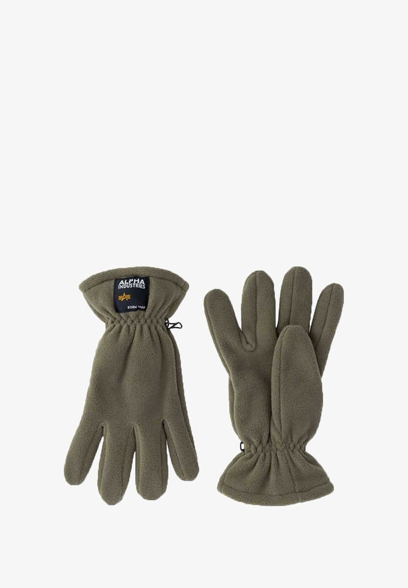 Fleecehandschuhe in Olivgrün mit elastischen Bündchen. Enthält ein Markenlabel. Weiche Textur, vierfinger Design mit Daumen- und Fingeröffnungen.