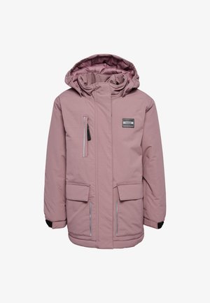 Padded pink parka jacket with a hood, zippered chest pocket, two front flap pockets, and reflective trim along the zippers and cuffs.