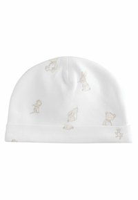 Hvid babyhat med lysebeige dyreprints, herunder kaniner, en bjørn, en mus og en and, på blødt stof.