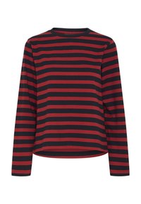 Long-sleeve shirt in black and red stripes, round neckline, cotton fabric, relaxed fit, featuring a straight hem and side seams.