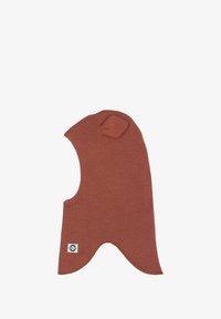 Pasamontañas de punto en naranja quemado, con un ajuste ceñido, aberturas para las orejas y un diseño de capucha redondeada, con una etiqueta de logo en el lateral.