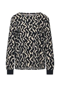 Camisa de manga larga en negro y crema con un patrón abstracto de zigzagueo. Cuenta con un corte relajado y puños elásticos. Tela suave y ligera.