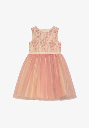 Rosa Kleid mit Spitzenmieder, ärmellosem Design und einem mehrlagigen Tüllrock. Verfügt über einen teilweise gefütterten Taillenbereich und einen Reißverschluss auf der Rückseite.