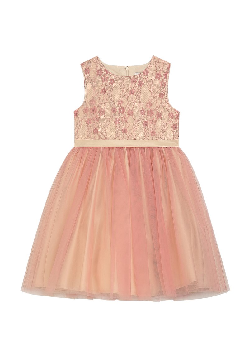 Rosa Kleid mit Spitzenmieder, ärmellosem Design und einem mehrlagigen Tüllrock. Verfügt über einen teilweise gefütterten Taillenbereich und einen Reißverschluss auf der Rückseite.