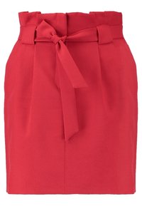 Sukně s vysokým pasem, červená, s sufré a širokým stuhovým pásem uvázaným na mašli vpředu.