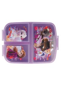 Paarse plastic broodtrommel met vier compartimenten, versierd met personages uit Frozen, en versieringen van herfstbladeren en sneeuwachtige achtergronden.