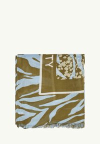 Großer rechteckiger Schal in Olivgrün mit blauen Tigerstreifen. Verfügt über ein quadratisches Muster mit cremefarbenen Akzenten und einem Fransenrand.