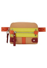 Kompakt beige läder bältesväska med gul framtill dragkedjefack, orange och vinröda detaljer samt justerbar orange rem.