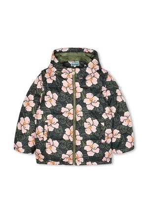 Veste matelassée à capuche pour enfants avec motifs de fleurs rose clair et feuilles vert foncé, fermeture éclair à l'avant et poches latérales.