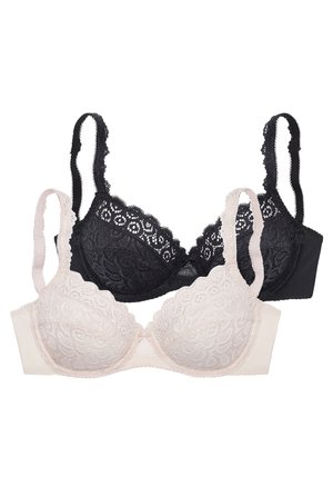 Two lace bras, one black and one light pink, with adjustable straps and scalloped edges, laid flat on a white background.