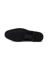 Semelle de chaussure en cuir noir avec une semelle extérieure en caoutchouc texturé. Dotée d'un motif de semelle pour une meilleure adhérence et durabilité. Design simple et élégant.