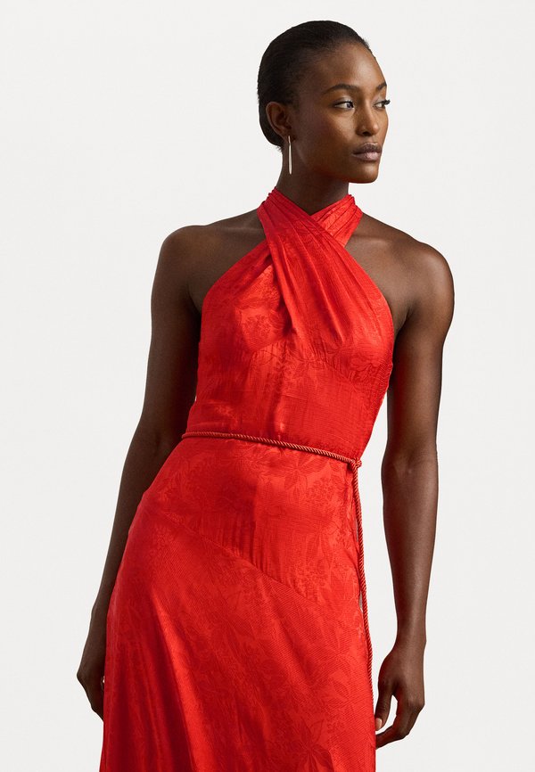 VAFARRA BELTED FLORAL JACQUARD HALTER GOWN - Occasion wear - bright vermilion