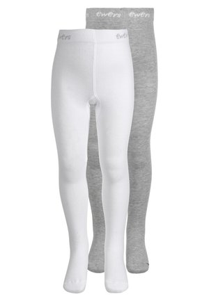 Two pairs of children’s tights: one white and one light grey. Both feature a smooth texture and soft waistband with branding at the top.