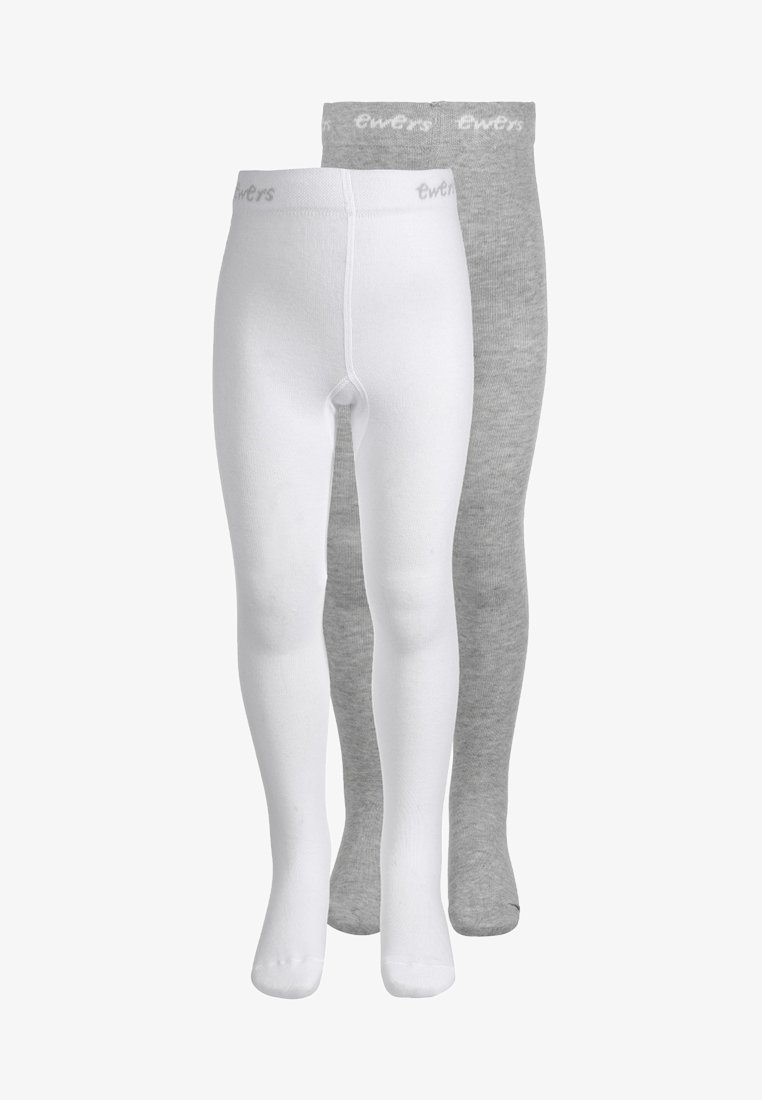Duas pares de collants infantis: um branco e um cinza claro. Ambos apresentam uma textura suave e uma cintura macia com uma marca na parte superior.