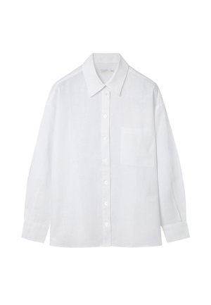 Chemise blanche à manches longues avec col et poche poitrine, présentée à plat sur un fond blanc.