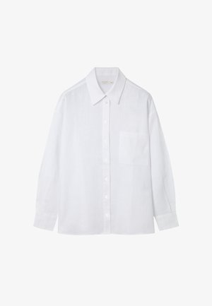 Cămașă albă cu mâneci lungi, cu nasturi, cu guler și buzunar la piept, așezată plan pe un fundal alb.