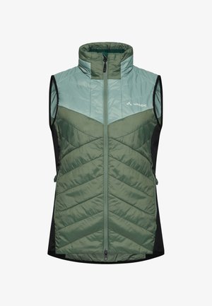 Grüne isolierte Weste mit hohem Kragen, vorne mit Reißverschluss, Chevron-Muster und schwarzen Seitenpanelen für Kontrast. Leichtes Material.