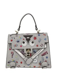 Geantă de mână cu sclipici argintiu, cu o formă structurată, având pete colorate și jucăușe și o închidere cu clapetă aurie. Accente negre pe mâner.