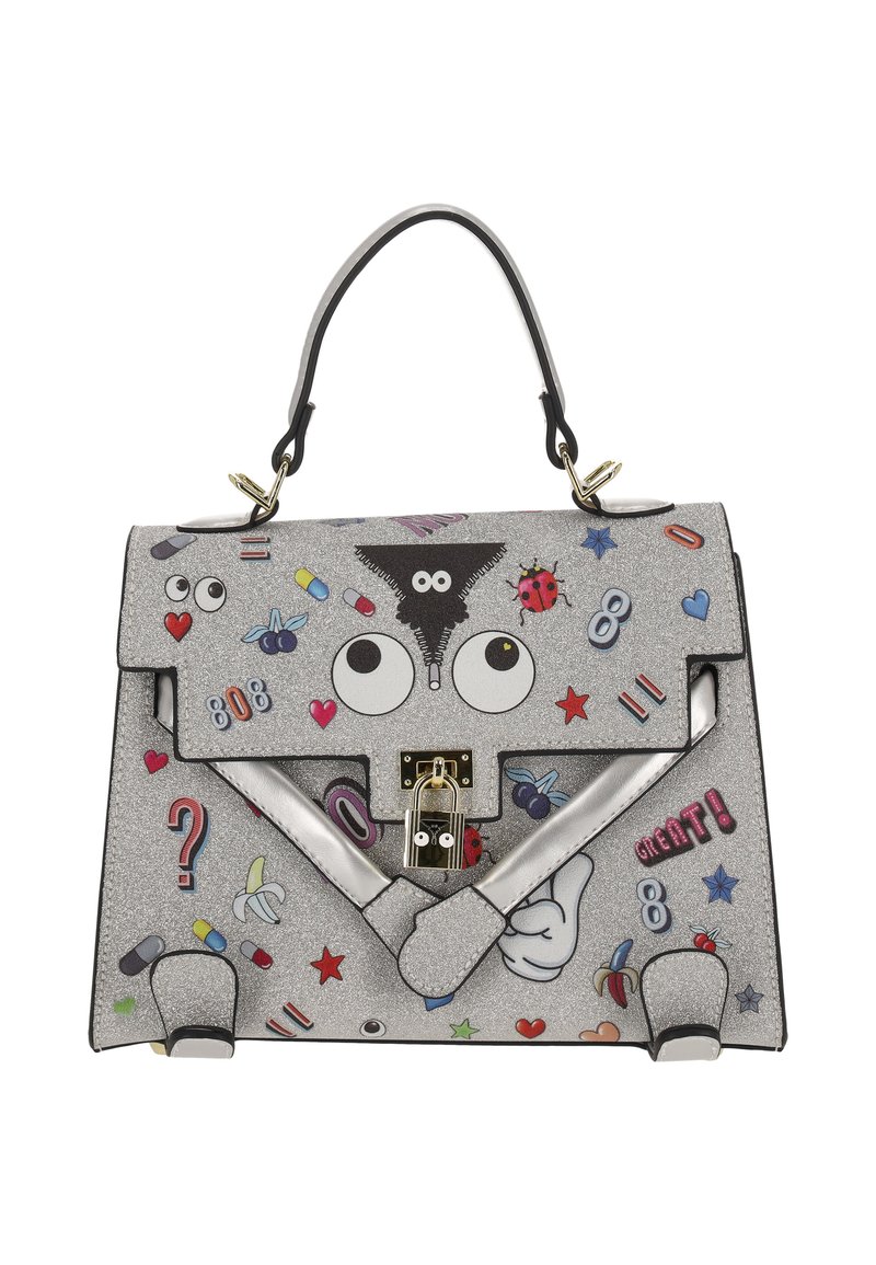 Geantă de mână cu sclipici argintiu, cu o formă structurată, având pete colorate și jucăușe și o închidere cu clapetă aurie. Accente negre pe mâner.