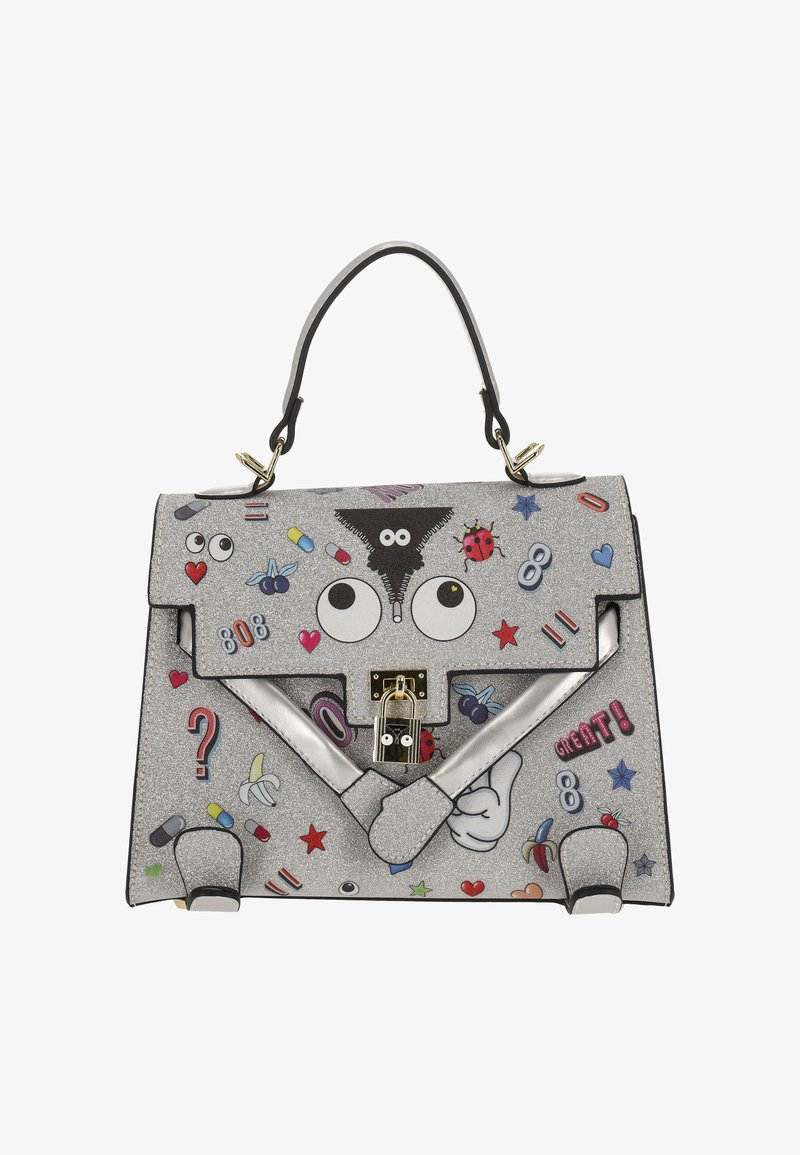 Geantă de mână cu sclipici argintiu, cu o formă structurată, având pete colorate și jucăușe și o închidere cu clapetă aurie. Accente negre pe mâner.