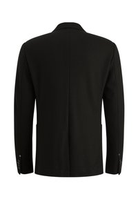 Zwarte blazer van een textuurstof, enkelvoudig knoopsgat ontwerp, met een gelapte kraag en twee voorzakken. Knopdetails op de mouwen.