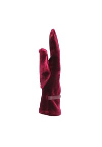 Guanto in velluto bordeaux con un design lungo e aderente. Presenta una superficie liscia e un piccolo dettaglio in pelle vicino al polso.