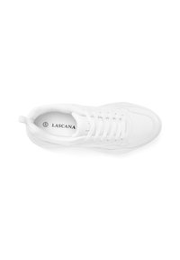 White sneaker with a textured surface and lace-up front. Features a round toe and a small pull tab at the heel. Logo printed inside.