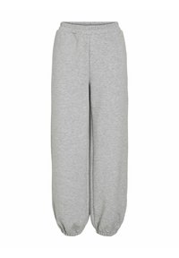 Graue Jogginghose mit elastischem Bund, weitem Bein und gerafften Bündchen an den Knöcheln. Hergestellt aus weichem, meliertem Stoff. Keine Taschen.