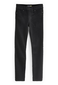 Schwarze Jeans aus Denim mit slim fit, ausgestattet mit fünf Taschen, goldenen Akzenten, einem Reißverschluss und dezenten Stickdetails. Glatte Textur.