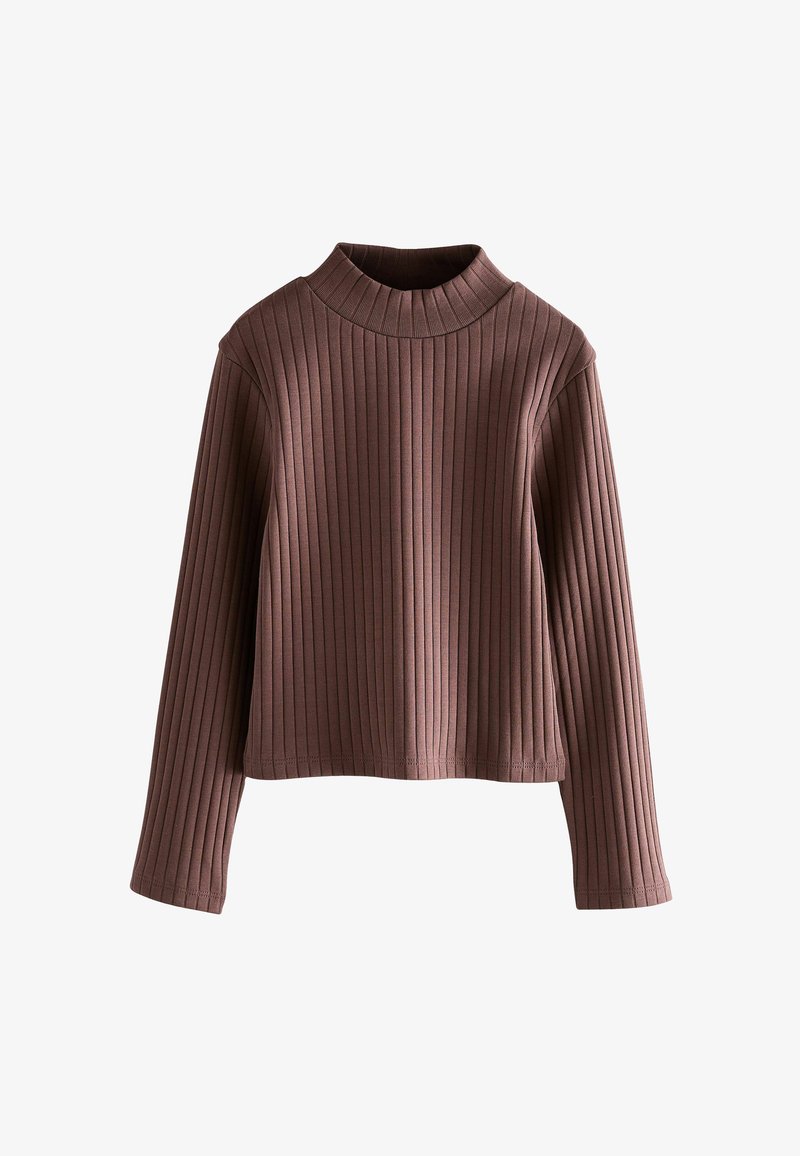 Braunes geripptes Langarmoberteil mit hohem, figurbetontem Rundhalsausschnitt und kurzem Saum. Hat eine weiche Textur und dezenten Stretch.