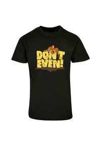 Black cotton t-shirt featuring a cartoon mouse on a yellow cheese block with bold text saying "DON'T EVEN!" in a playful font.