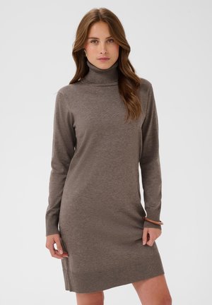 Femme aux longs cheveux bruns portant une robe en maille marron à col roulé, debout devant un fond clair.