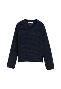 Pull court bleu marine avec un design en maille ouverte texturée et des manches longues. Doté d'un col rond et de poignets côtelés.
