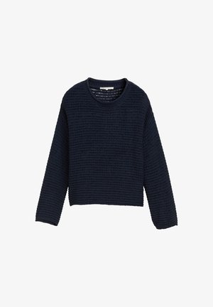 Navy blue cropped sweater with a textured, open-knit design and long sleeves. Features a round neckline and ribbed cuffs.