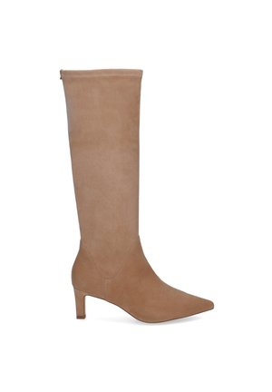 Single tan suede knee-high boot with pointed toe and mid-height slim heel, shown on a white background.