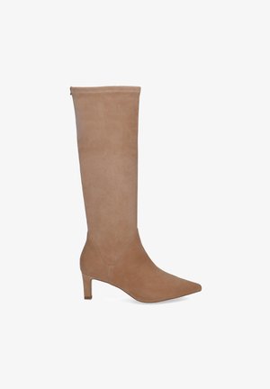 Single tan suede knee-high boot with pointed toe and mid-height slim heel, shown on a white background.