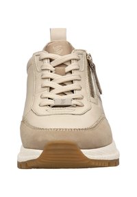 Beige leren en suede sneakers met veters, een rits aan de zijkant, een gestructureerde zool en een licht gevoerde tong. Rubberen buitenzool voor grip.
