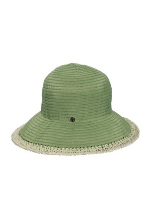 Green bucket hat with textured horizontal ridges and a woven cream-colored brim edge, displayed on a white background.